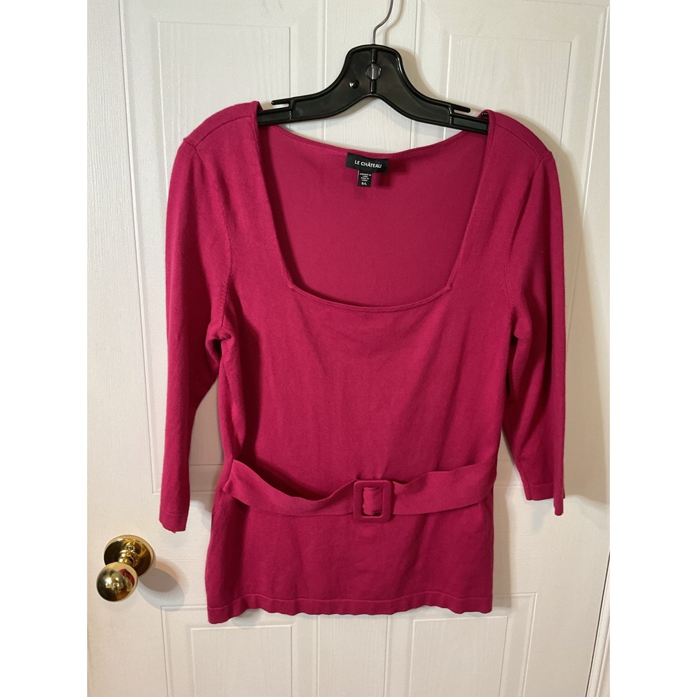 Le Chateau Belted Knit Top Womens Large Pink Excellent Square Neck 3/4 Sleeve